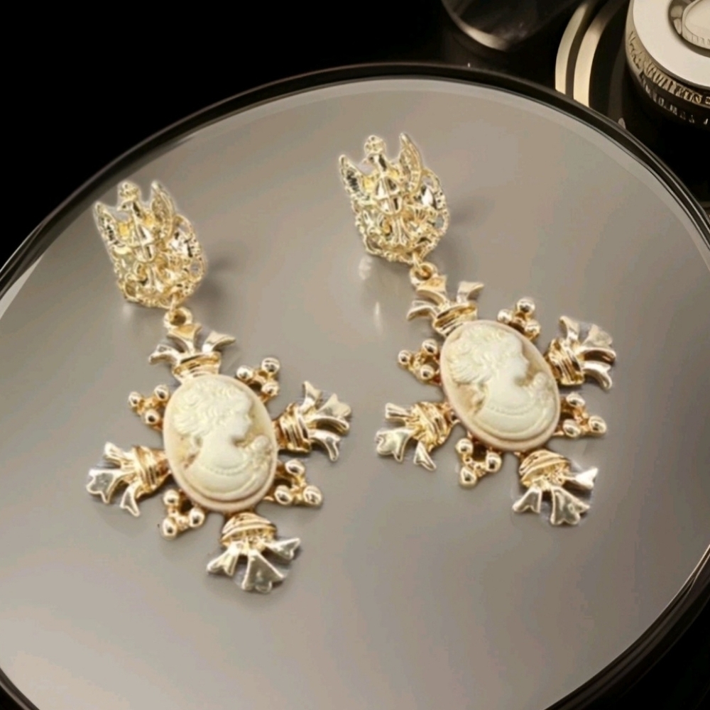 Vintage Style Palace Cameo Baroque Gold Drop Earrings